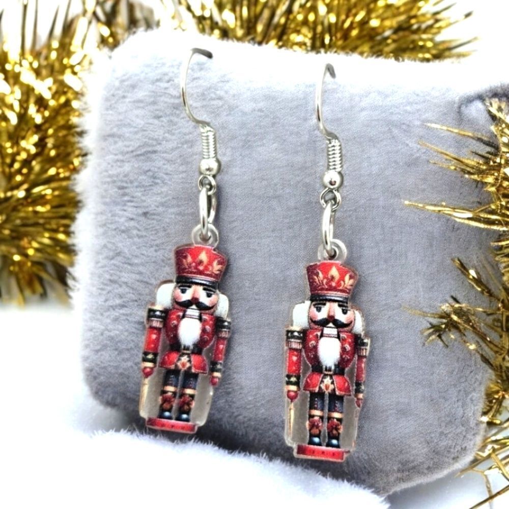 Red Nutcracker Holiday Earrings🎄Festive Christmas Jewelry Pierced Ears Acrylic